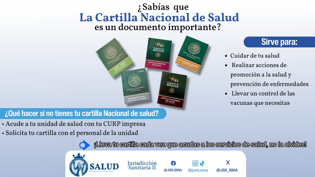 JSII_SMA's tweet image. 📖❤️ ¡Tu salud en cada página de la Cartilla Nacional de Salud!
Llévala a tus consultas 🩺, vacunaciones 💉 o servicios médicos 🏥. El personal registrará tus atenciones ✍️ y tendrás un control preciso de tu cuidado. ✅

#CartillaNacionalDeSalud  #JSII 
@saludgobgente
