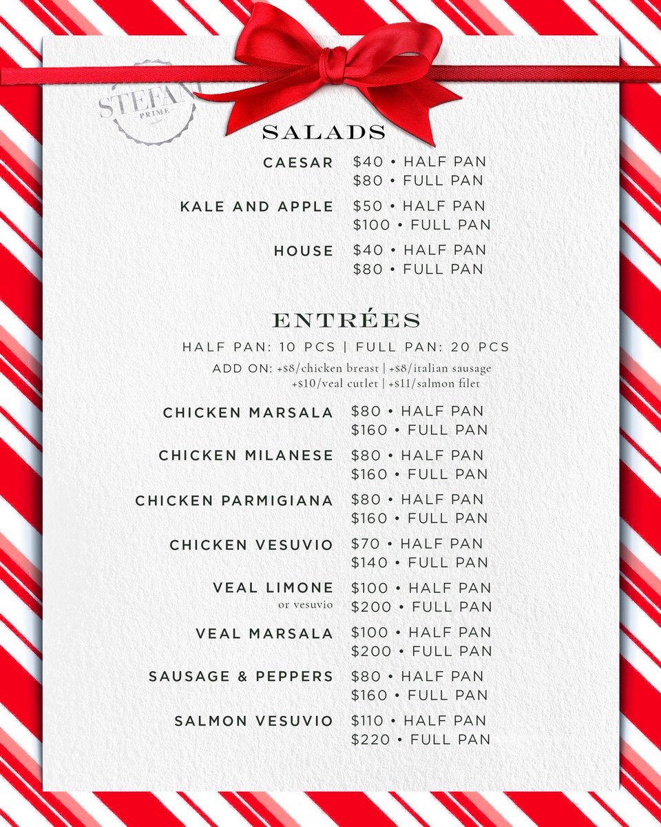 Let Stefani Prime take care of Christmas Eve 🎁
Place your catering order by 12/21 and pick up on 12/24 from 12–3pm by calling 847.696.6755.
If you’d rather dine in, Christmas Eve reservations are available now.
Menus and details are all at stefaniprime.com/holidays.