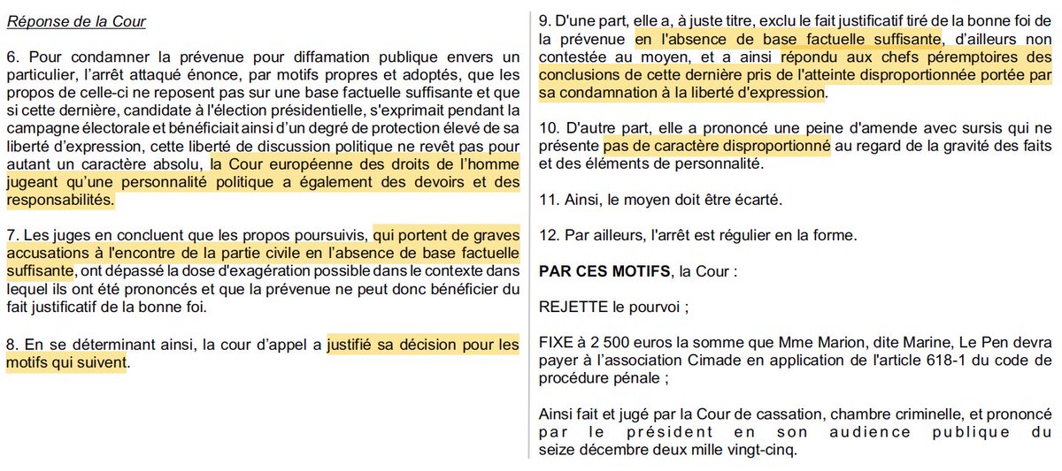 Diffamation : La <a href="/Courdecassation/">Cour de cassation</a> valide la condamnation pénale définitive de Marine Le Pen.

Pour avoir accusé une association humanitaire (La Cimade) d'organiser une « filière d’immigration clandestine ».

Ce qui est totalement faux &amp; diffamatoire.

[Crim. 16/12/25, 24-86.249]