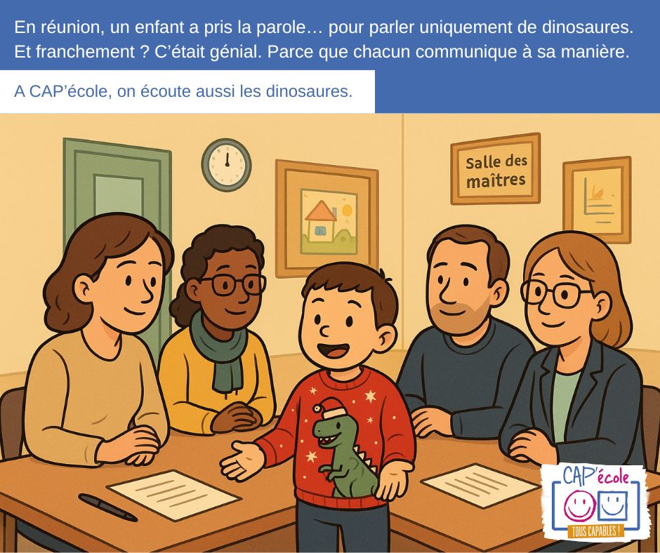 En réunion, un enfant a parlé… uniquement de dinosaures. Et c’était parfait car chacun s’exprime à sa façon! Challenge: laissez quelqu’un raconter son “dino intérieur”. Sans interrompre, juste en savourant le moment. Soutenez CAP’école 👉 tinyurl.com/4mz7efrx #VivreEnsemble