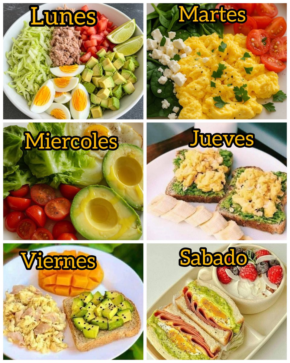 Menu semanal

LUNES
-Atun
-Huevo
-Aguacate

MARTES
-Huevo revuelto
-Espinaca
-Queso

MIERCOLES
-Huevo estrellado
-Aguacate

JUEVES
-Pan tostado
-Aguacate
-Queso
-Huevo

VIERNES
-Huevo con jamón
-Pan tostado
-Aguacate

SABADO
-Sándwich de jamón y queso 
-Bowl de yogur con frutos