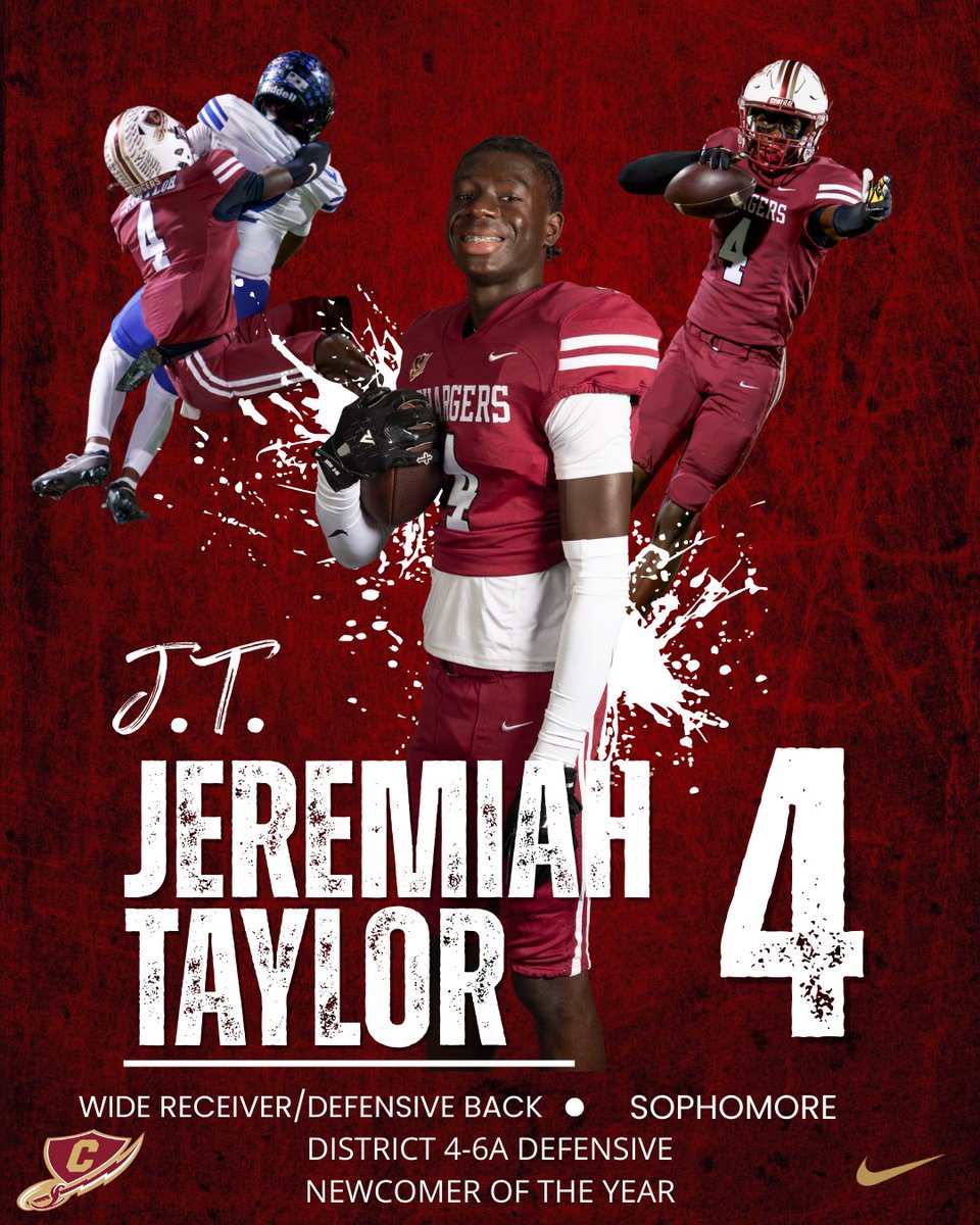 CHSChargerFB's tweet photo. Congratulations to Jeremiah Taylor, @JeremiahT97953, Soph. DB/WR as Defensive Newcomer of the Year for District 4-6A! A two-way player JT flourished defensively, a new role for him, while hauling in passes on offense! Extremely bright future! #RecruitKellerCentral #GetChargedUp https://t.co/VvCfmt16ZC