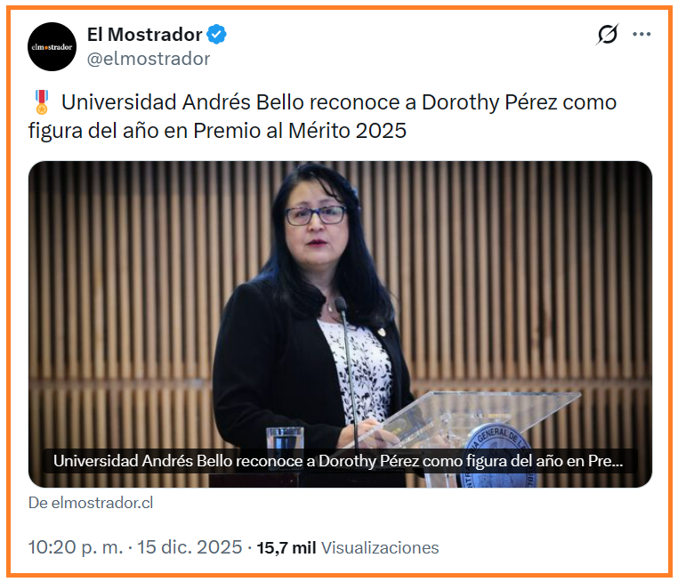 sergiou01329861's tweet photo. ¡¡¡ Felicitaciones por tan merecido premio !!! @Contraloriacl 
Es la contralora Dorothy Pérez la mejor fiscalizadora que ha tenido Chile en su historia.
Muy bien la @uandresbello por reconocer y destacar el mérito en Chile. https://t.co/naJADqCv2j