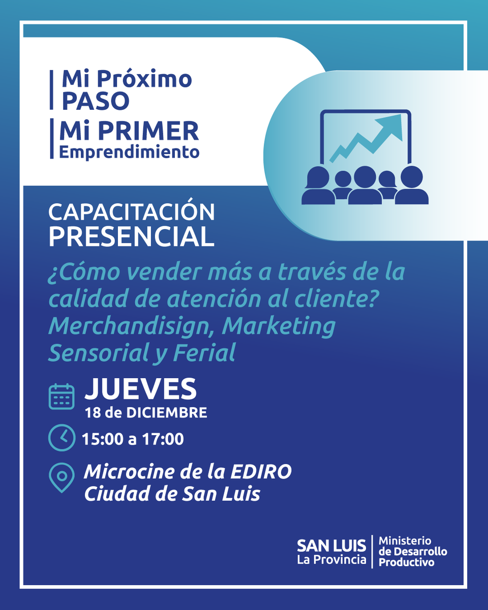 Esta semana se llevará a cabo la última instancia del ciclo de capacitaciones 2025 destinadas a emprendedores de la ciudad de San Luis. El encuentro será presencial y tendrá lugar en el Microcine de la EDIRO, en la ciudad de San Luis de 15 a 17 hs