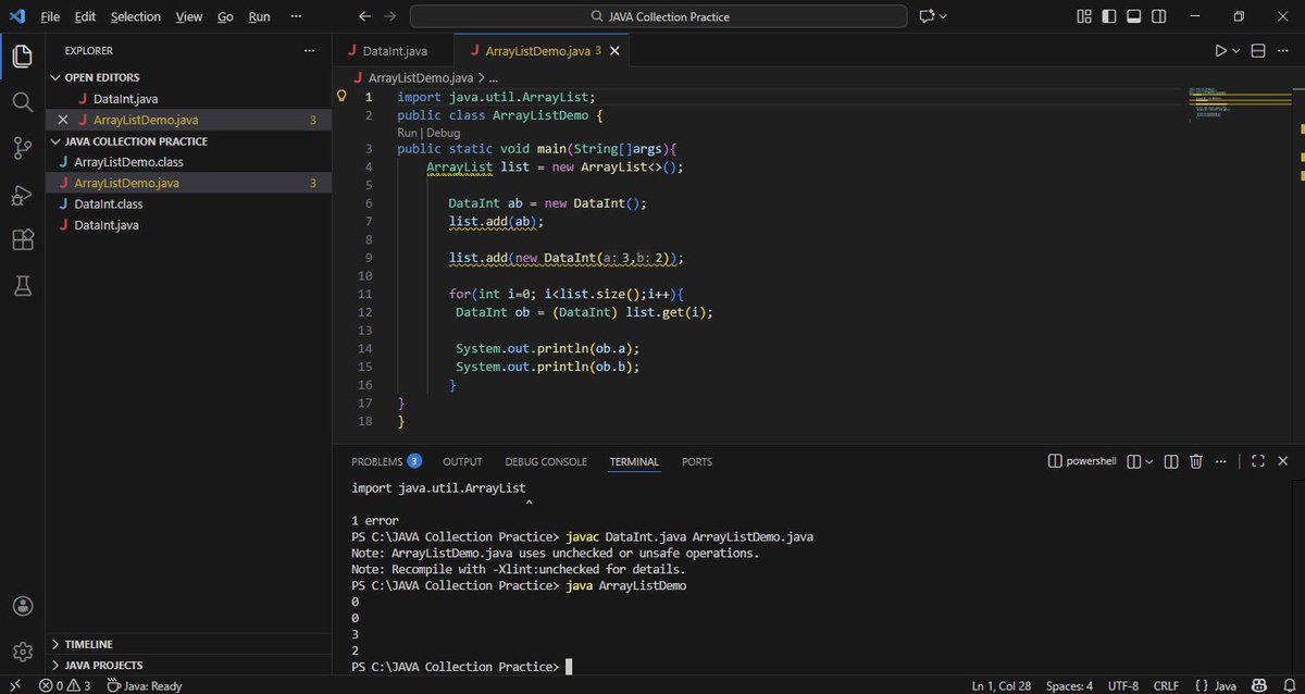 abhayy2903's tweet photo. Day 1 – Java Collections Framework 🚀

Today I learned about Collection Framework and ArrayList in Java.

Practiced basic operations like add(), size(), and printing elements.

#Java #LearningJava #DSA #ArrayList #DailyLearning https://t.co/fdybNgka3I
