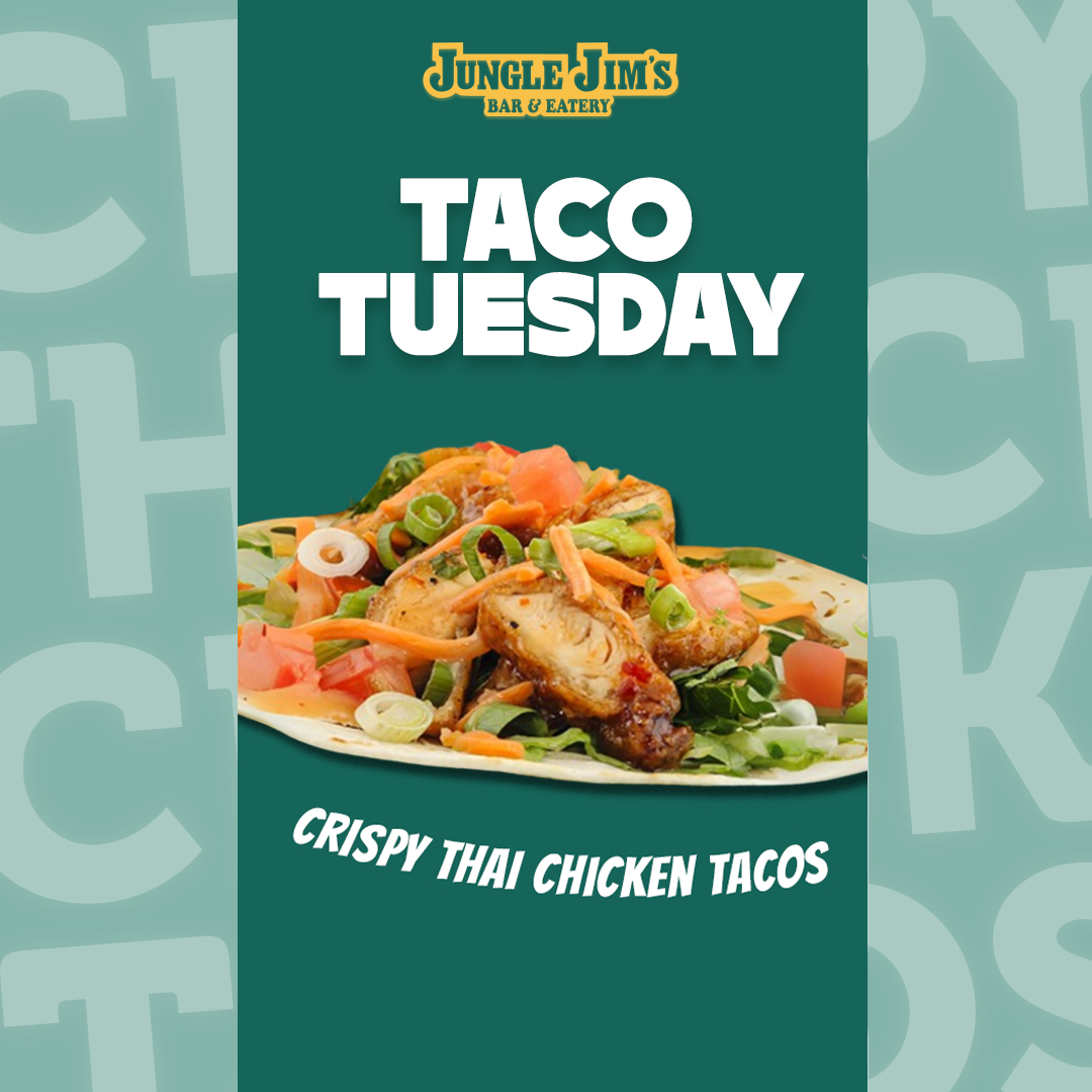 Craving a little fiesta in your life? 💃🌮
Swing by Jungle Jim’s every Tuesday for tacos that hit the spot and deals that bring the party!
Your table’s waiting.