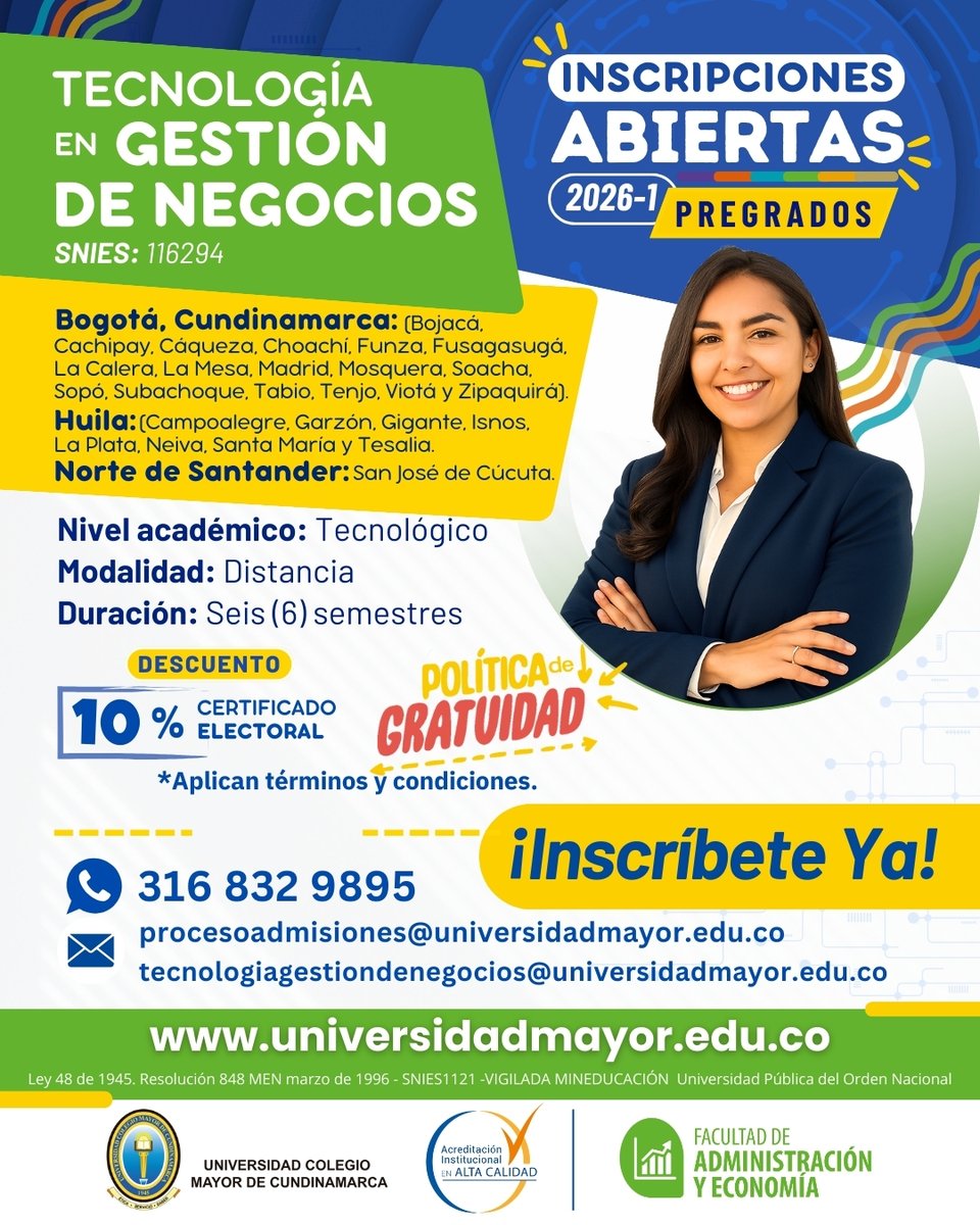 ¡Prepárate con la Tecnología en Gestión de Negocios! Estamos en 18 municipios de Cundinamarca y 8 del Huila.  Estarás en capacidad de gestionar, implementar y controlar los procesos, procedimientos y actividades administrativas de una organización.