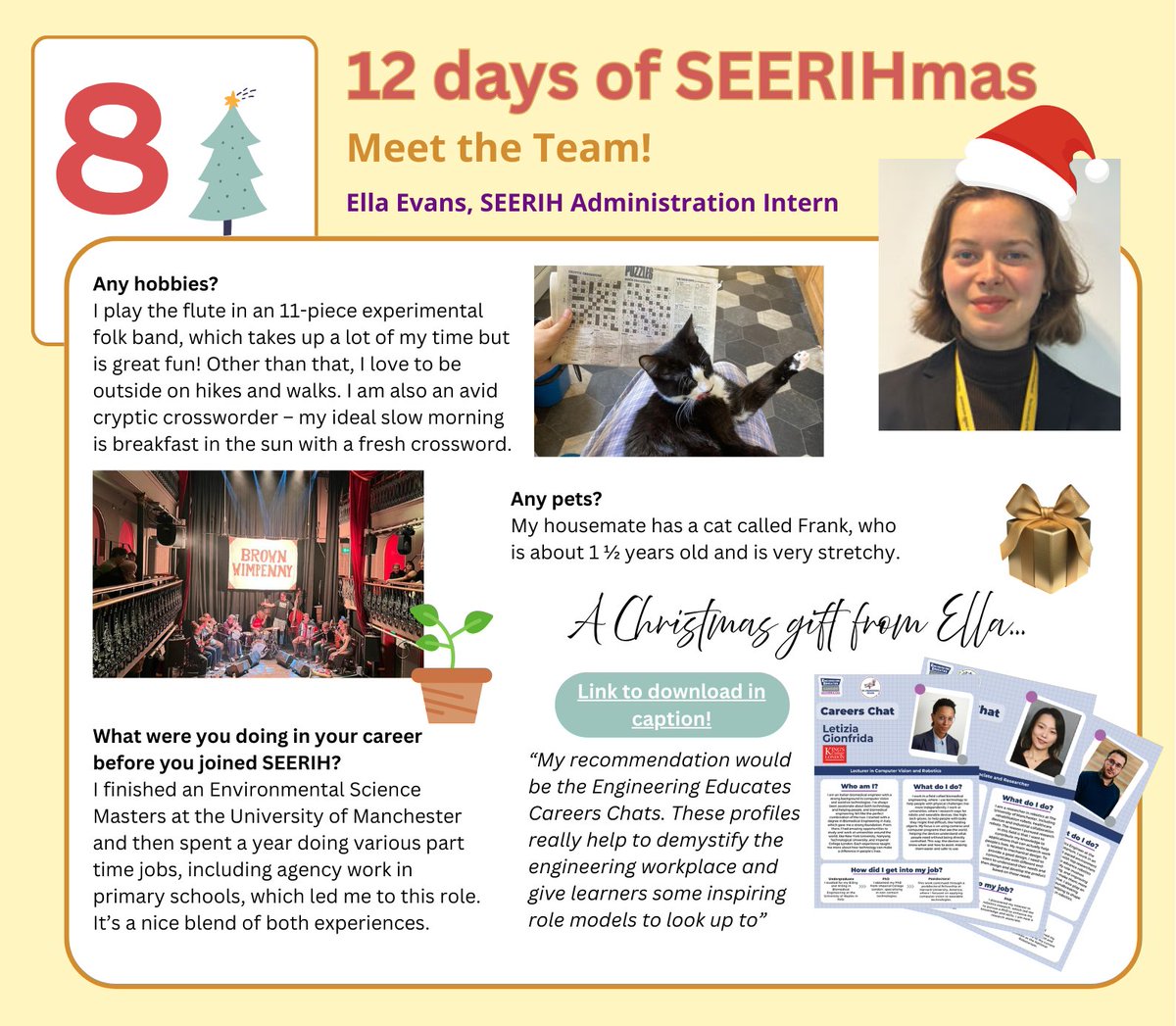 UoMSEERIH's tweet photo. Ho ho hello, it's #SEERIHmas Day 8! Today, Ella recommends our EngEd Careers Chats.

You can't be who you can't see, as we like to say, and these profiles introduce learners to real-life engineers, inspiring the next generation.

🤖 https://t.co/xtqCVU8JDM

#Engineering #STEM https://t.co/J2SquPblxx