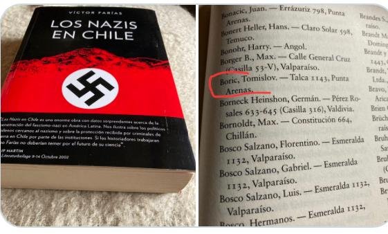 <a href="/NicolasHeumann/">Nick Heumann</a> Voy a perder mi valioso tiempo en iluminarte:
El padre de KAST nunca militó en el partido Nazi ni fue miembro de las S. S., fue reclutado forzosamente por la Wehmacht (las fuerzas armadas unificadas de la Alemania) Ejército en su caso.
En cambio Tomislov Boric fue miembro