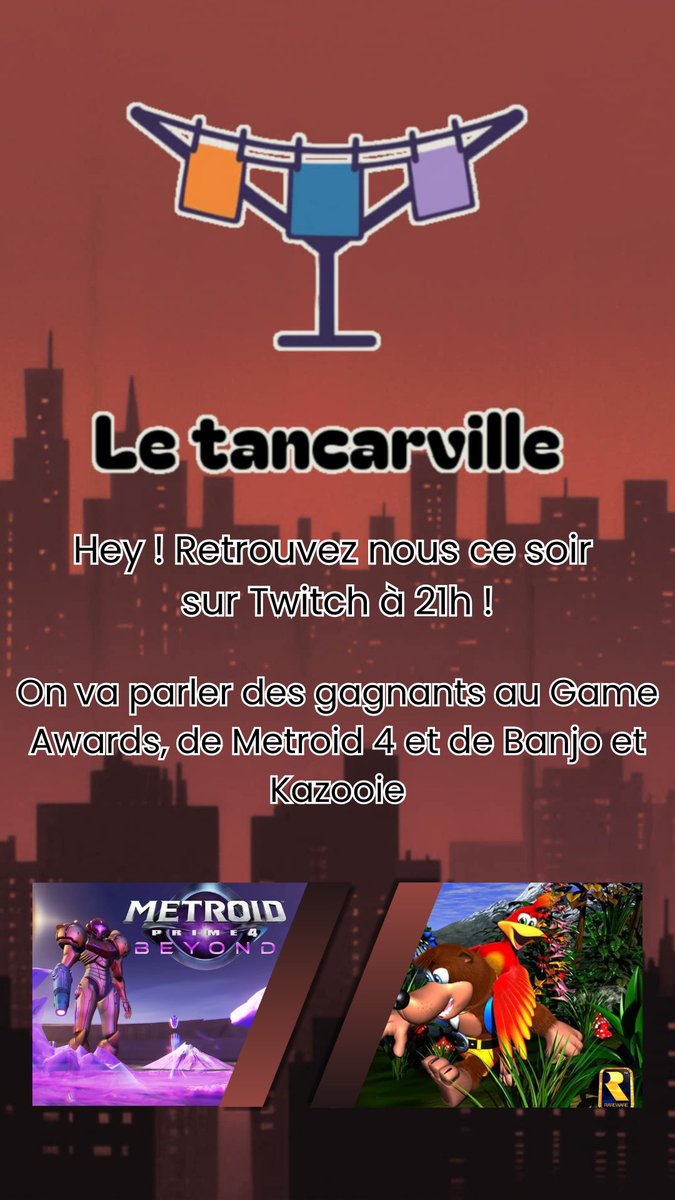 Letancarville's tweet photo. Yo Yo Yooooooooo !!    Retrouvez nous ce soir à 21h sur la chaine Twitch https://t.co/r6lnxOQ4m9      
On va parler des gagnants au Game Awards 2025 Metroid 4 et de Banjo et Kazooie. 

Venez on est sympa !!!   #podcast #twitch #twitchfr #banjokazooie #gameawards  #MetroidPrime4 https://t.co/PV4mhdXXH4