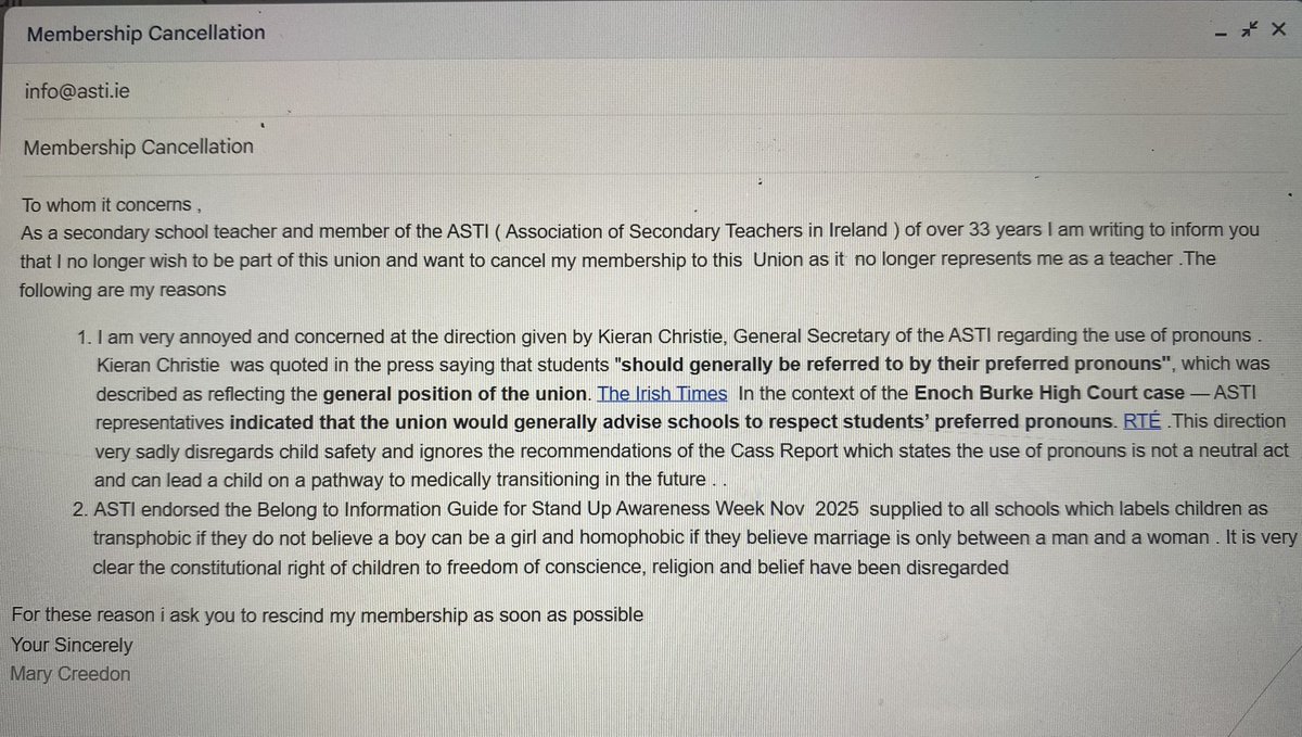 MaryCreedon4's tweet photo. ASTI Association of Secondary Teachers of Ireland do NOT represent my values. I have written this email requesting my union membership to be rescinded They are forcing an ideology that disregards the constitutional rights of children to freedom of conscience , religion &amp; thought. https://t.co/bbb69niAKJ