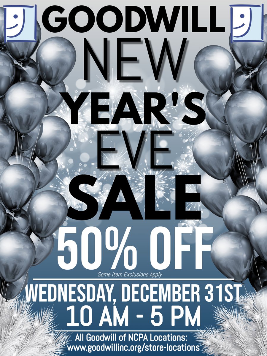 GoodwillNCPA's tweet photo. Ring in the New Year with a thrifty celebration! 🥳
Stop by Goodwill on New Year’s Eve for great deals and last-minute finds to kick off the new year right. https://t.co/eLns9UxfzL