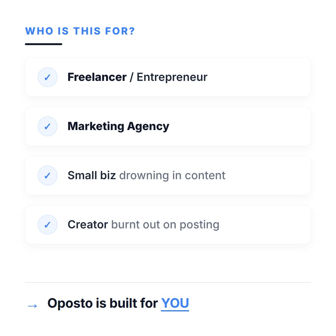 Oposto_app's tweet photo. You’re spending 10 h/week on social media ? 

Creating visuals, writing captions, scheduling posts.  
Oposto changes that. 
Oposto = your AI Community Manager 

👉 Try Oposto FREE today (link in bio).

@Lovable https://t.co/l787f27cLm