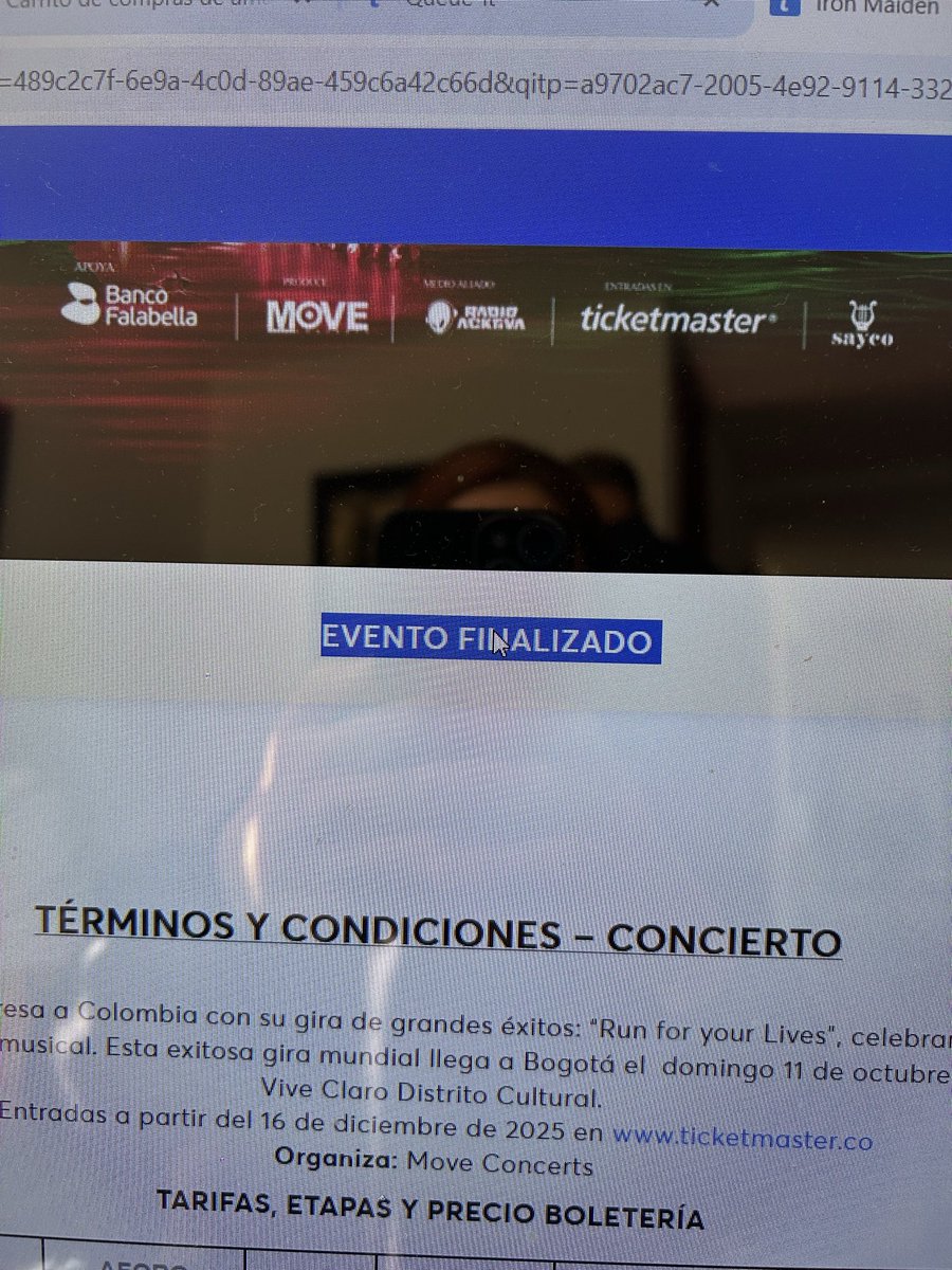 M_Baracaldo's tweet photo. @moveconcertsco @elonspock @juanarbelaez @Ticketmastercol @ViveClaro_Co @IronMaiden @IronMaidenCol Llevo esperando en fila desde hace 1 hora y cuando es mi turno sale esto 😡 https://t.co/9WMPPIXUKX