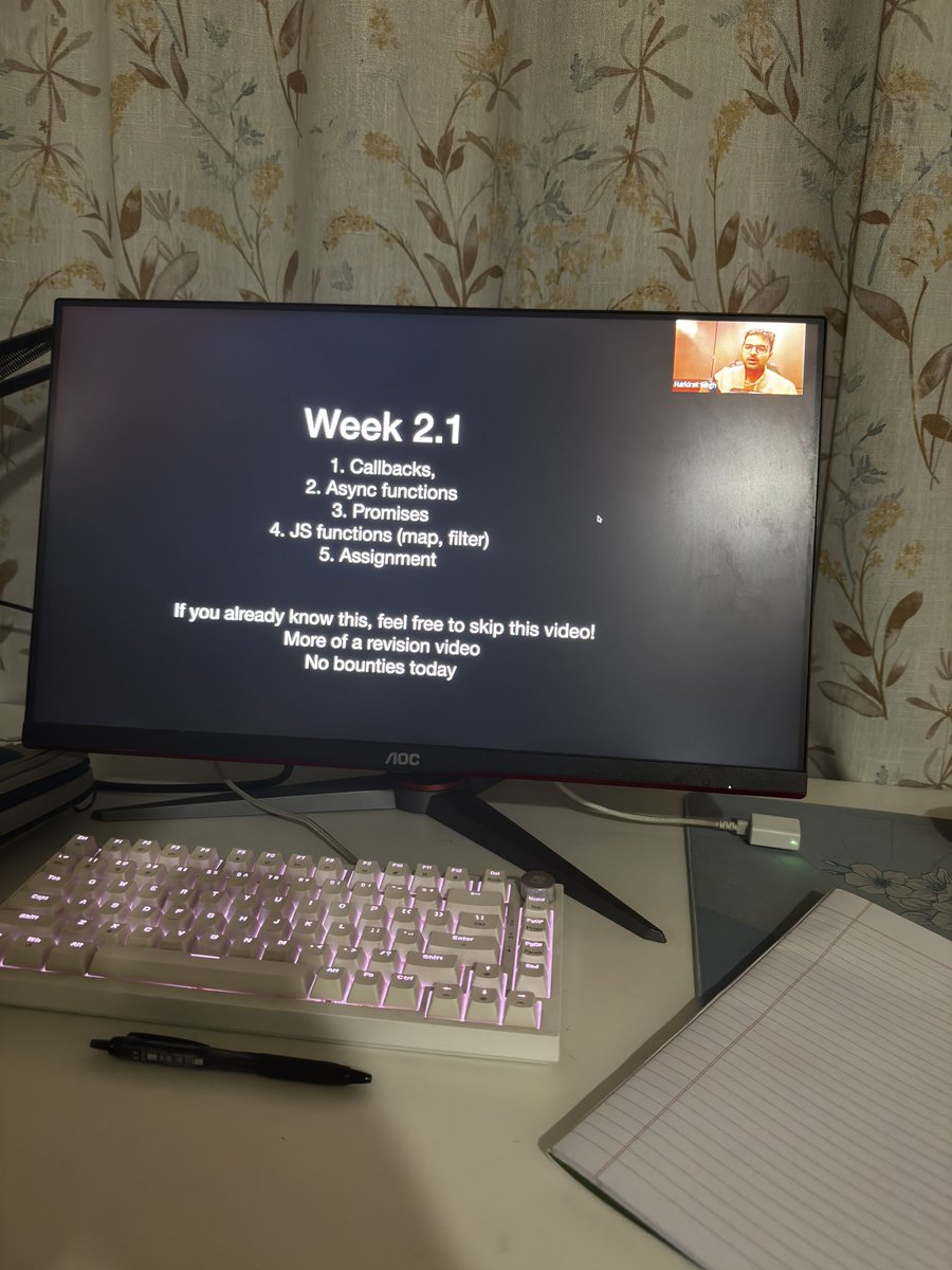 Kartikcode's tweet image. Day 1 of 380

A pretty solid day for both X and studies.
Woke up 8.30.
1hr of studying.
Then went to the gym at 10 and came back at 11.40.
Started with learning Loops , functions , callbacks , strings , Arrays in Javascript.
Currently going through a pirated copy of Cohort 2 by…