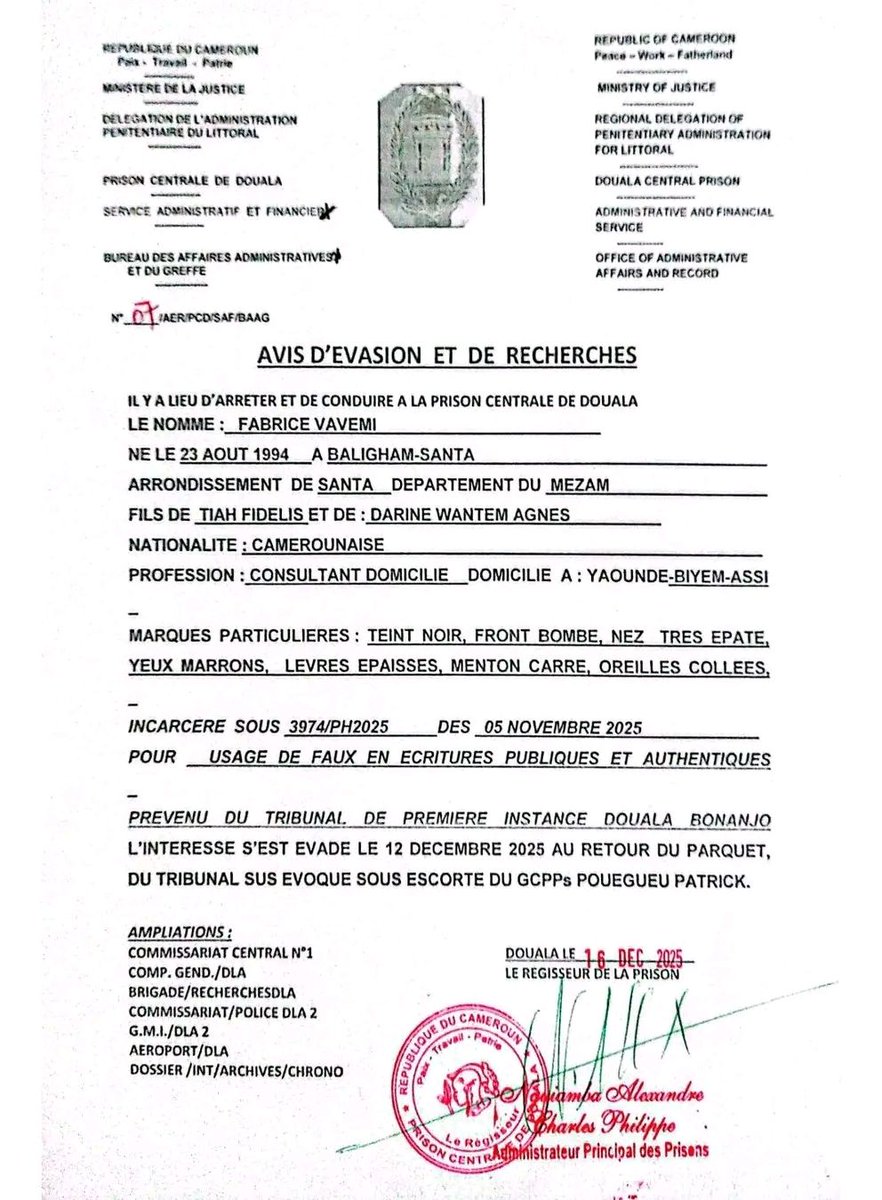 Breaking News: Fabrice Lena Reportedly Escapes from Prison 

Opposition activist Fabrice Lena has reportedly escaped from the Douala Central Prison and is being actively sought by authorities.

An arrest warrant published by human rights lawyer Barrister Tamfu Richard indicates