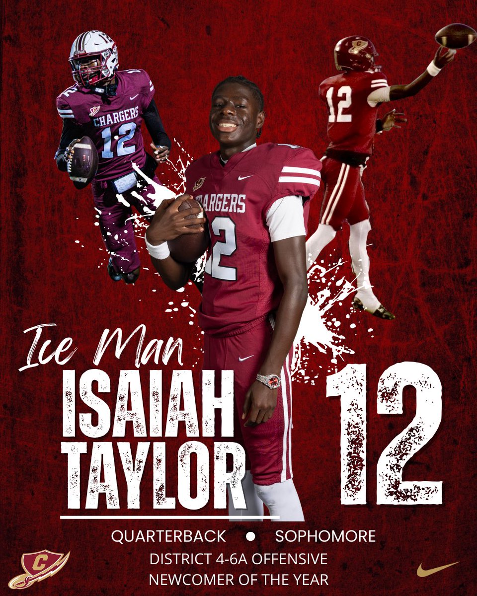 CHSChargerFB's tweet photo. Congratulations to Isaiah Taylor, @IsaiahTaylor00, Soph. QB as Offensive Newcomer of the Year for District 4-6A! a district that always has offensive talent Isaiah turned it on! Offensive MVP for the Chargers, he also played DB when needed! #RecruitKellerCentral #GetChargedUp https://t.co/eYoozuWJ2s