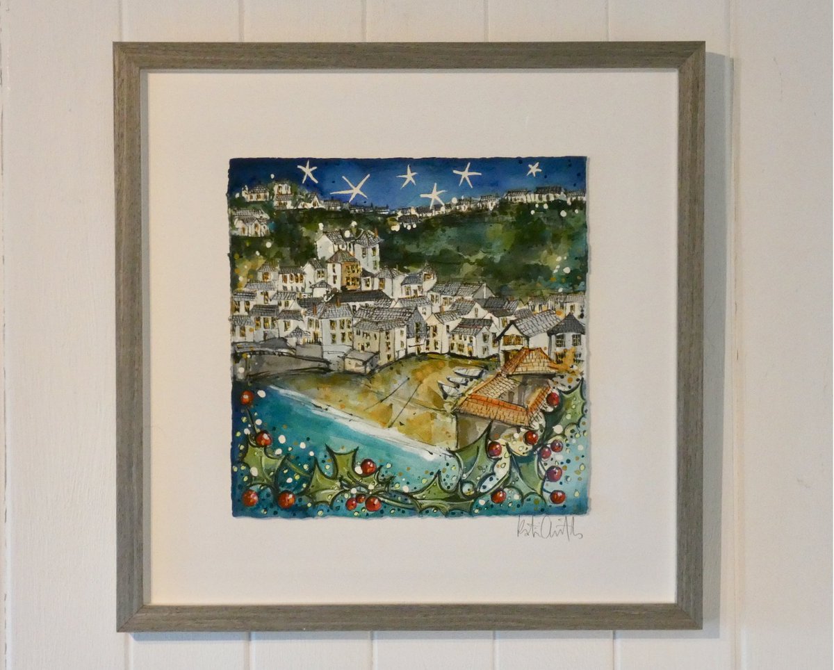 CliffsideKatie's tweet image. The Original of 'Christmas Port Isaac' now framed and up on the wall. Still just about time to put it in your Christmas shopping basket.....#uniquepresent #oneoff #Original #painting
