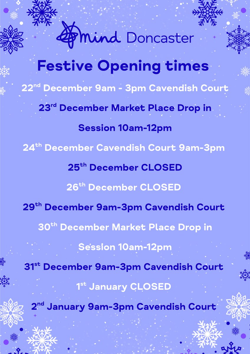 Doncaster Mind offer wide range of services to help support individuals in Doncaster facing mental health difficulties.

Christmas opening hours are detailed below ⬇️