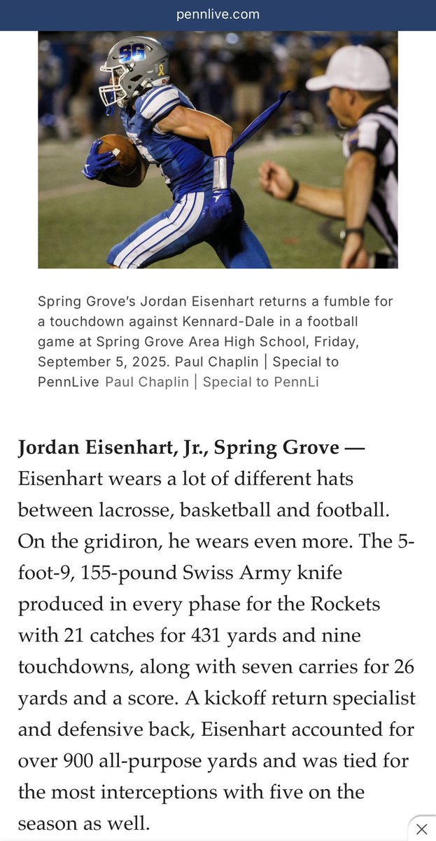 JEisenhart4's tweet image. 🚀 Honored to be named on the PennLive All-Star YAIAA 1st team for offense and defense!!  Thank you @Pa_Preps for including me on the list and congrats to my SG teammates and other players that made it as well! 

Junior season 🏈 highlights: m.youtube.com/watch?v=OgrnHt…