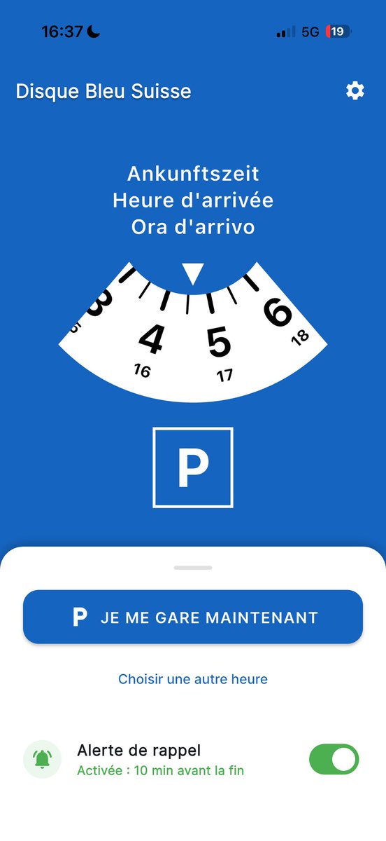 Eh les Suisses ça vous dit une application pour recevoir une alerte quand votre disque bleu de stationnement se termine ?