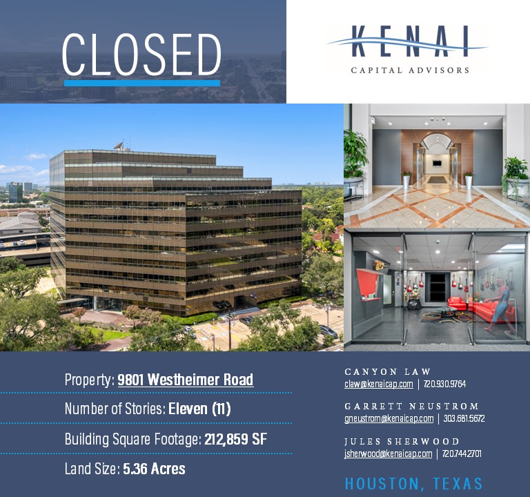 kenaicap's tweet photo. Kenai is thrilled to announce the sale of 9801 Westheimer, a 212,859-square-foot office tower situated on 5.36 acres in the Westchase submarket of Houston, Texas. The tower sold through a competitive Real Insight auction process. 
@GarrettKenaiCap @Jules_Sherwood @RImarketplace https://t.co/UIds20knX9
