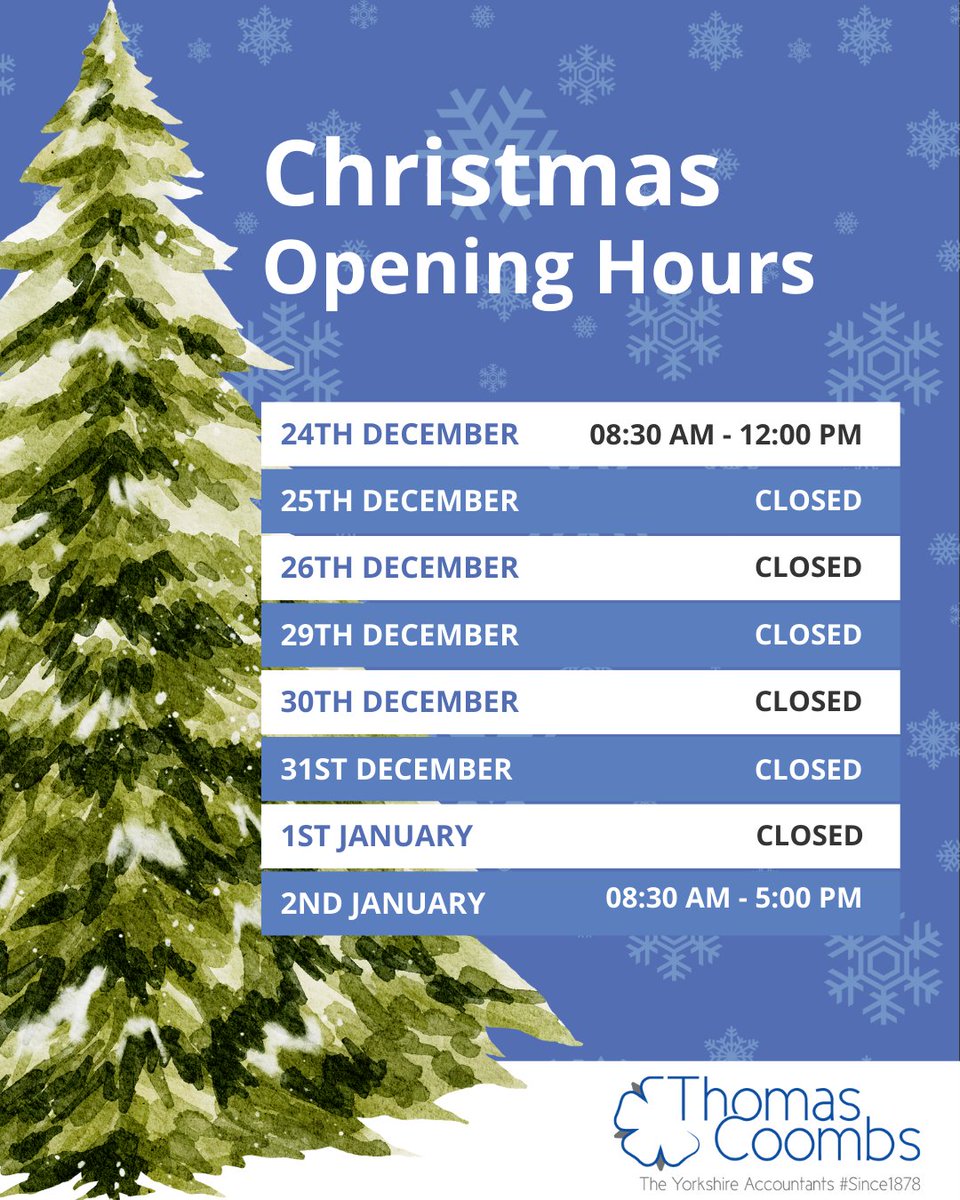 Our Christmas &amp; New Year Opening Hours 🎄

Our office will close at 12 PM on Wednesday, December 24, and reopen on Friday, 2nd January 2026.

We wish everyone a wonderful festive season from all of us at Thomas Coombs.

#Christmas #OpeningTime