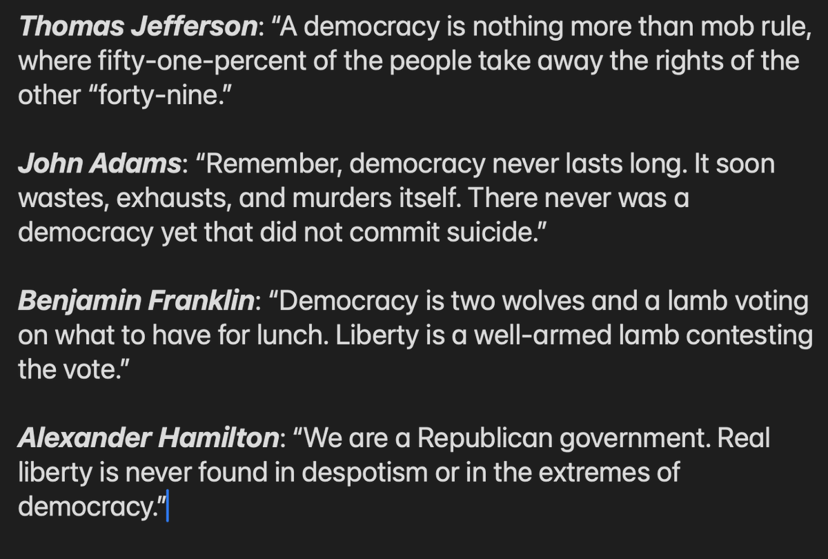"Democracy" was never the intent of our founding fathers in America. Only Communists would try to change a Representative Constitutional Republic into a despotic democracy.
