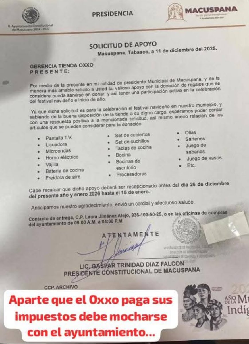 AntonioCaraveo4's tweet photo. Circula en redes un oficio signado por el alcalde de @MacuspanaMorena, Gaspar Trinidad Falcón, dirigido a las tiendas @Tiendas_OXXO, pidiendo “cooperación” para el festival navideño. “Es una extorsión”, aseguran empresarios del municipio. https://t.co/ULyEWIeElm