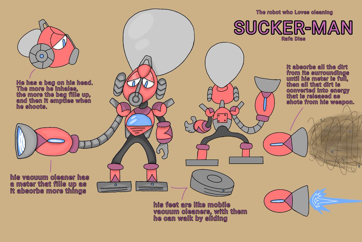 He loves cleaning.
SUCKER-MAN!!!!!

Here is my robot master for dual override

#MegaManDO #DesignARobotMaster