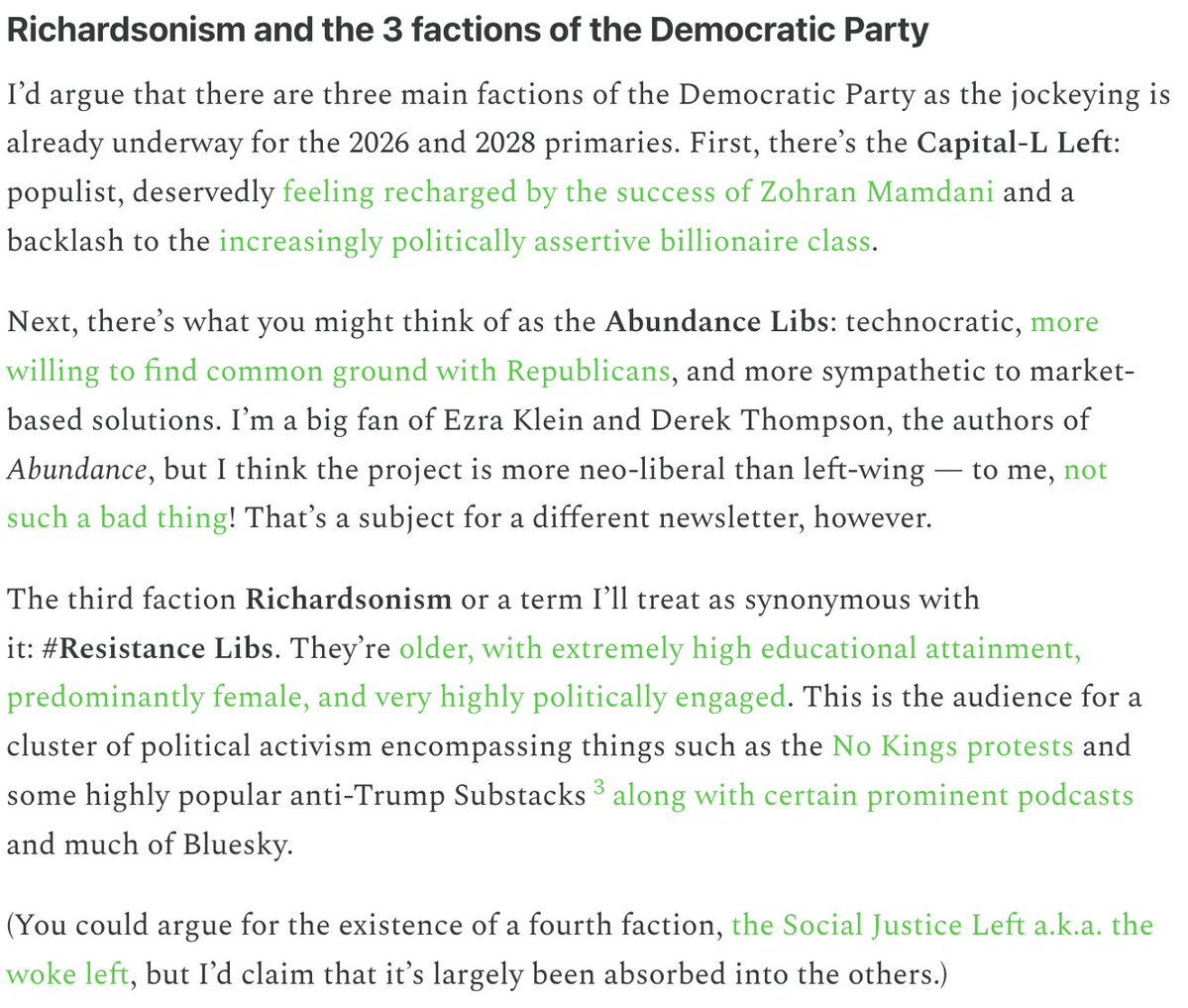 NateSilver538's tweet image. Basically, there are 3 main factions in the Democratic Party now: 
* Abundance Libs
* #Resistance Libs (a.k.a. Richardsonism)
* And the populist Left