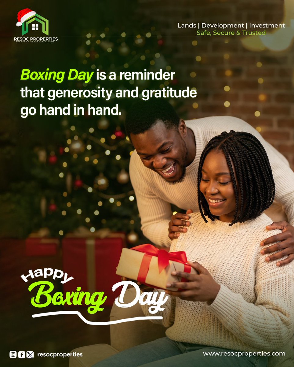 resocproperties's tweet photo. Wishing you a Boxing Day filled with warmth, relaxation, and the quiet joy of the season’s afterglow. May your home remain a haven of peace, your heart full of cherished memories, and your spirit ready to embrace the new beginnings.

#BoxingDay #DayAfterChristmas #resocproperties https://t.co/ssTaZxsWnW