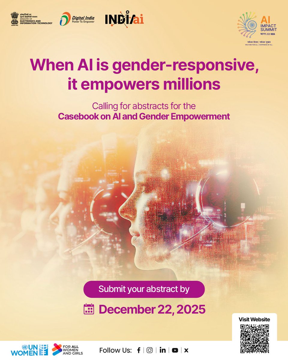 UNinIndia's tweet photo. Calling researchers &amp; innovators developing/deploying gender-responsive AI solutions! 

Showcase your work in a @GoI_MeitY &amp; @unwomenindia casebook on #AI solutions from the Global South

Apply by 22 December ⬇️ https://t.co/G6u0D75cgR

#IndiaAIImpactSummit2026 #AIForGood https://t.co/bxJepEyy8y