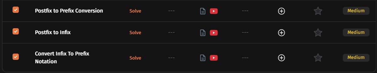 amansharma264's tweet image. ✅ Completed Stacks and Queues topics in #TUFWinterArc with @takeUforward_  (Striver Sir) 🚀

📘 Problems Covered:
Postfix to Prefix Conversion — Medium
Postfix to Infix Conversion — Medium
Convert Infix to Prefix Notation — Medium

#StriverA2Z #DSARoadmap #Stacks #Queues…