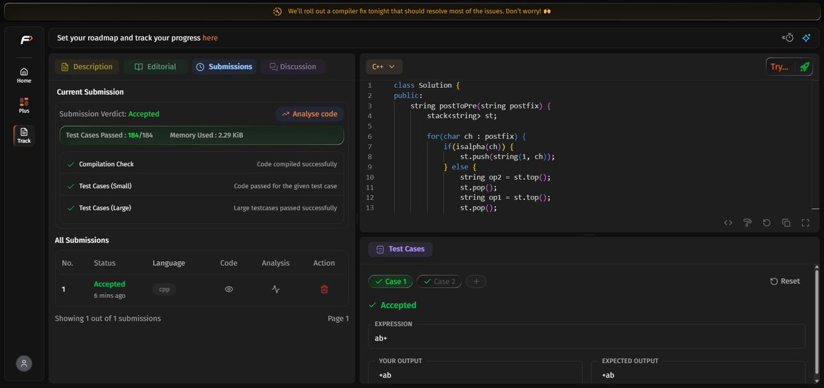 amansharma264's tweet image. ✅ Completed Stacks and Queues topics in #TUFWinterArc with @takeUforward_  (Striver Sir) 🚀

📘 Problems Covered:
Postfix to Prefix Conversion — Medium
Postfix to Infix Conversion — Medium
Convert Infix to Prefix Notation — Medium

#StriverA2Z #DSARoadmap #Stacks #Queues…