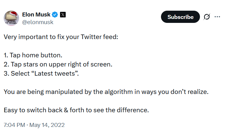 Elon Musk had some things to say once upon a time about a forced "for you" algorithm.

Now, he's happy to manipulate you in ways you don't realize.
