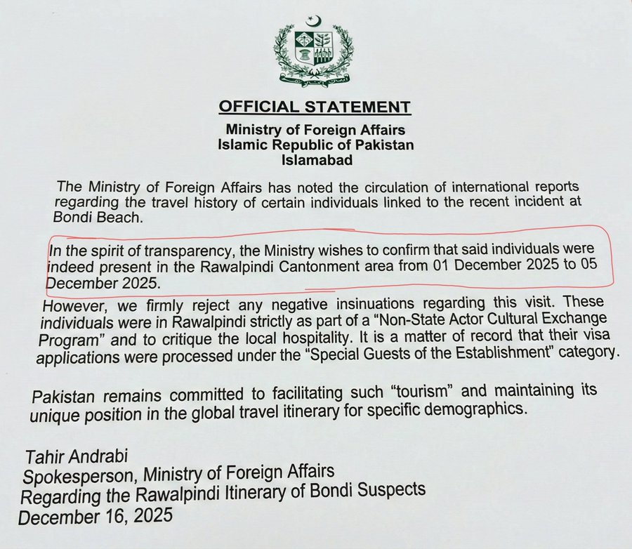 AlternateMediaX's tweet image. 🔥Official statement by Pakistan Govt.  

Terrorists of Bondi Beach Attack Visited Pakistan in First week of Dec 2025!

#SydneyAttack #Australia #Pakistan #Islamophobia
