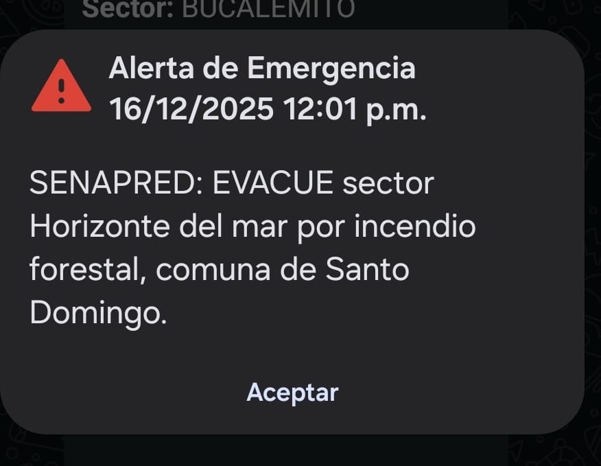 #SantoDomingo: 11:48hrs. Se declara alerta roja por Incendio Forestal #Bucalemito, Se Activa Alerta SAE, por riesgo inminente de viviendas en frente de avance, sector Horizontes de Mar, San Guillermo, superficie 5.0 hectareas. <a href="/chile_accidente/">Accidente Chile</a> <a href="/RedNoticiasVR/">RedNoticiasVRegión</a> <a href="/Controlvalpo/">🚒ControlValpo🚨</a>