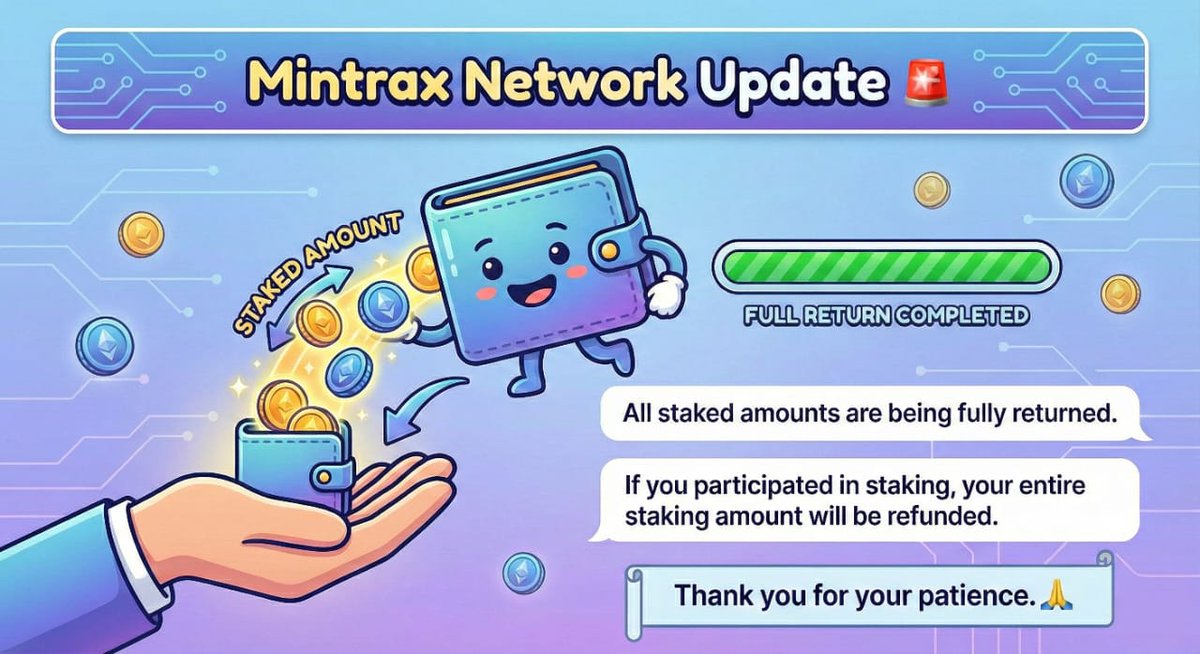 mintraxnetwork's tweet photo. Mintrax Network Update π¨
All staked amounts are being fully returned.
If you participated in staking, your entire staking amount will be refunded.
Thank you for your patience.
#MintraxNetwork
#MintraxUpdate
#StakingUpdate
#StakeRefund
#FullRefund
#CryptoNews
#BlockchainUpdate
#CommunityFirst
#Transparency
#MTX