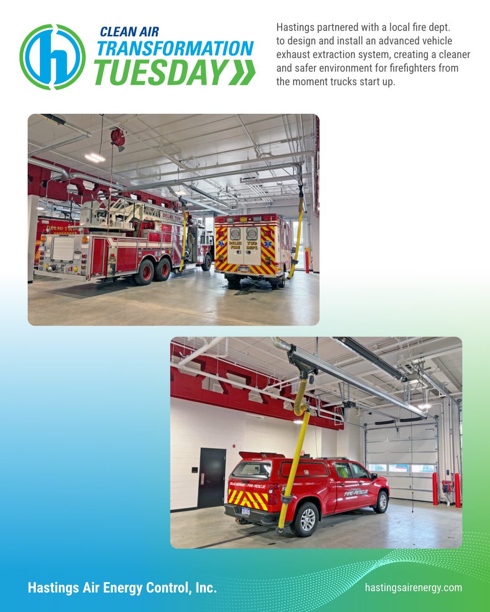 HASTINGSAir's tweet photo. 🌿 Clean Air Transformation Tuesday
When a local fire department began moving into their new facility, they needed a reliable solution to eliminate harmful vehicle exhaust fumes. Hastings partnered with the Architecture and Engineering teams to design a system that keeps firefighters safe the moment the trucks start up.

🛠️ Our Solution:
A Plymovent MRP rail-based exhaust extraction system equipped with magnetic grabber nozzles delivering the most advanced, efficient technology available for capturing and removing diesel exhaust.

✅ The Result:
A cleaner, healthier environment for firefighters to work, train, and respond from.

If your station is looking for an exhaust extraction solution, we’re here to help. Visit https://t.co/h3ED6FYiWf or call 1-800-236-8450 to get started.
#CleanAirSolutions #FirefighterSafety #ExhaustExtraction #HealthyWorkplaces #HastingsAirEnergy