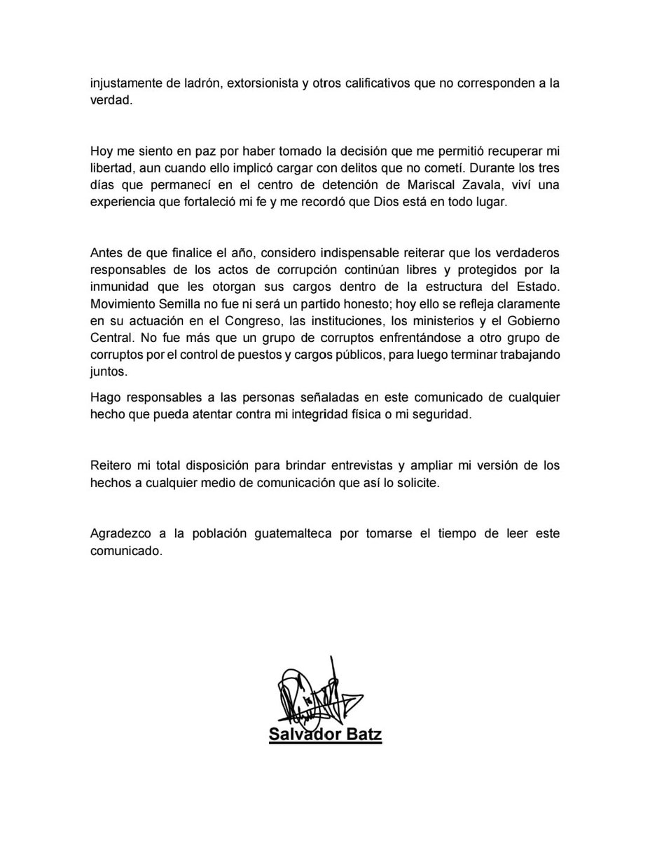 El exsecretario de Finanzas de Semilla, Salvador Batz, hace fuertes señalamientos contra varios integrantes de esa agrupación, incluido BernardoArévalo <a href="/BArevalodeLeon/">Bernardo Arévalo</a> 

También apunta a diputada Andrea Reyes <a href="/drewzecena/">Andrea Reyes 🌱</a> y a la ministra de Ambiente, Patricia Orantes <a href="/pattyo502/">Patty Orantes 💧</a>