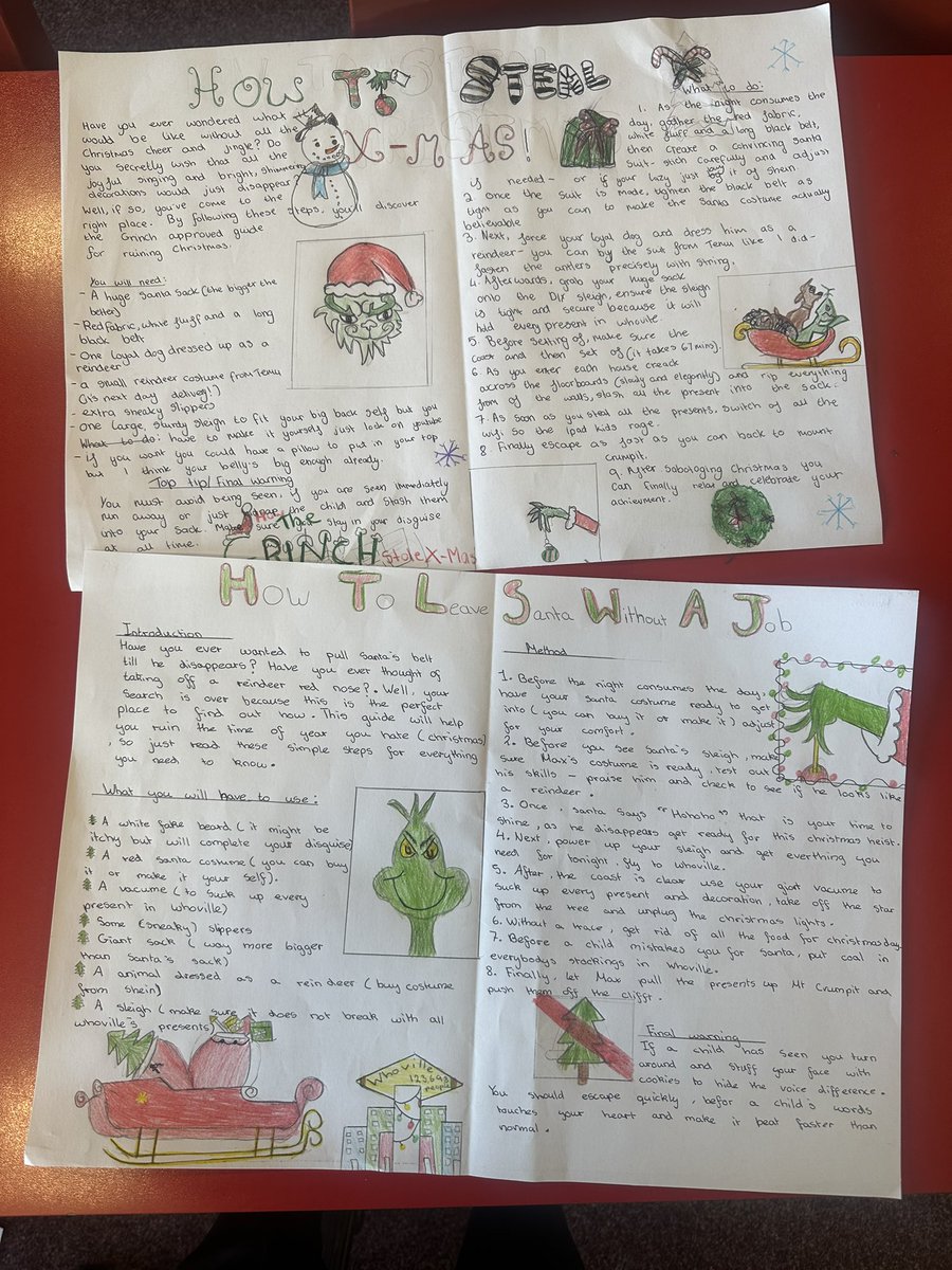 MrRahman___'s tweet photo. Really impressed with our ‘How to Steal Christmas’ instructional writing inspired by The Grinch. The children engaged brilliantly with the task and showed real care in their writing and presentation. Thanks for the inspiration @chloef23 🎄🎅🏽 https://t.co/hZblO1eiug