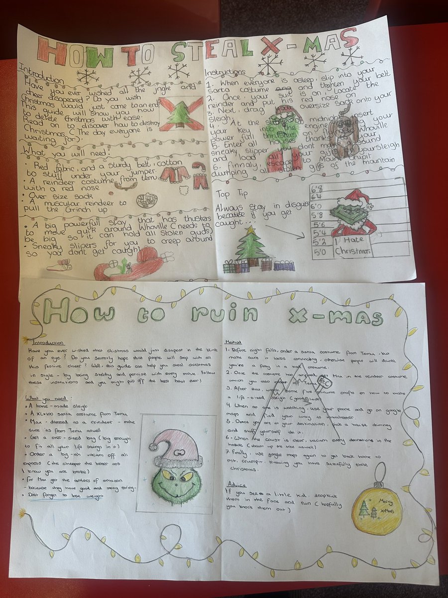 MrRahman___'s tweet photo. Really impressed with our ‘How to Steal Christmas’ instructional writing inspired by The Grinch. The children engaged brilliantly with the task and showed real care in their writing and presentation. Thanks for the inspiration @chloef23 🎄🎅🏽 https://t.co/hZblO1eiug