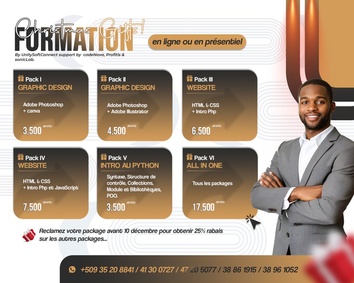 PlaisirRubly's tweet photo. *INSCRIPTION – FORMATIONS CHRISTMAS GIFTS*

UnitySoftConnect propose des formations en design graphique, développement web et programmation, disponibles en ligne ou en présentiel.

Formulaire d’inscription :
https://t.co/g02h3oF4iR https://t.co/6scqmlm61o