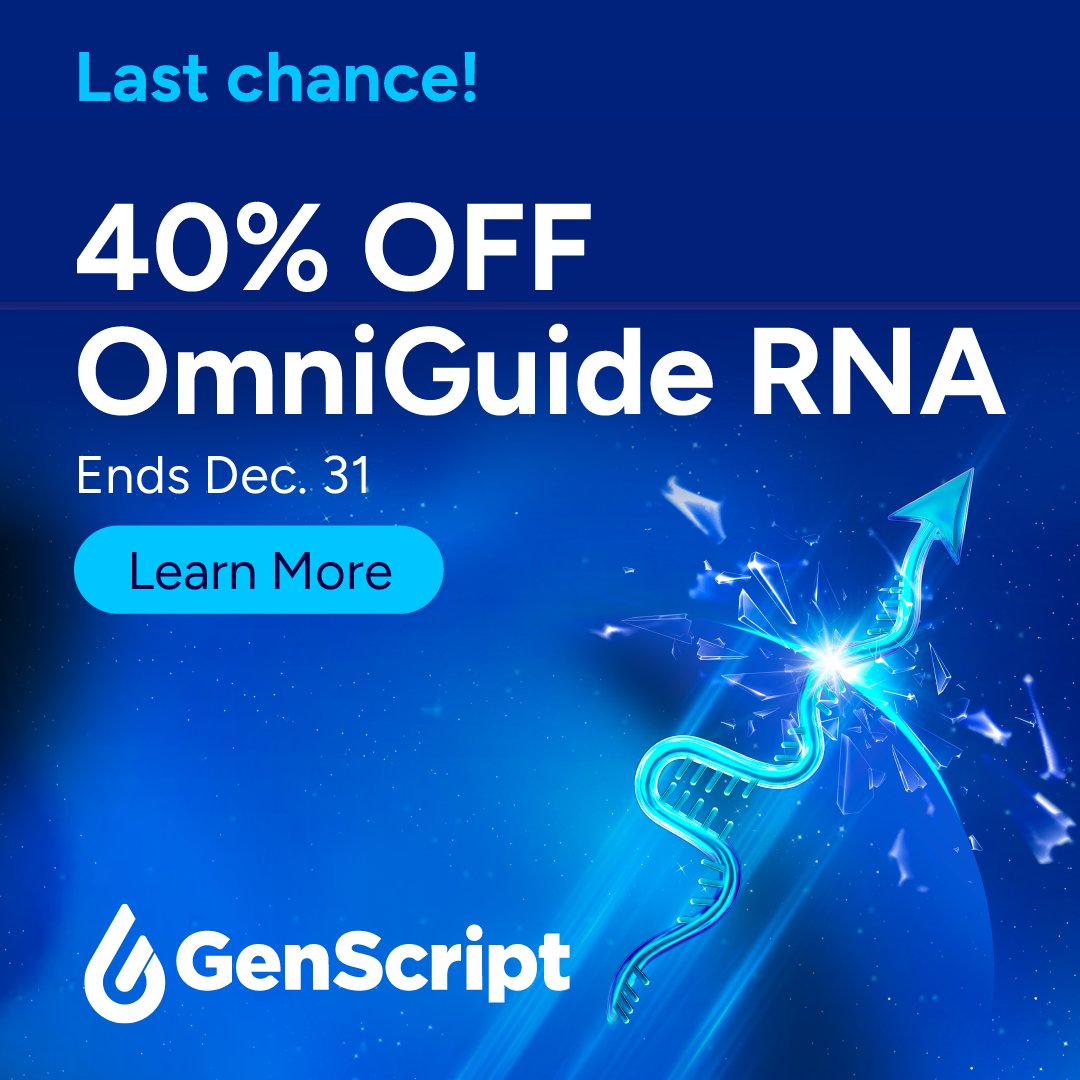 GenScript's tweet image. This is your last chance to get 𝟰𝟬% 𝗢𝗙𝗙 your first 𝗢𝗺𝗻𝗶𝗚𝘂𝗶𝗱𝗲 𝗥𝗡𝗔 order.

Try the guide RNA trusted worldwide — now at the most accessible pricing.

𝗖𝗹𝗮𝗶𝗺 𝗬𝗼𝘂𝗿 𝗖𝗼𝘂𝗽𝗼𝗻: bit.ly/47Am3qd

#CRISPR #GeneEditing #CGT #GenScript