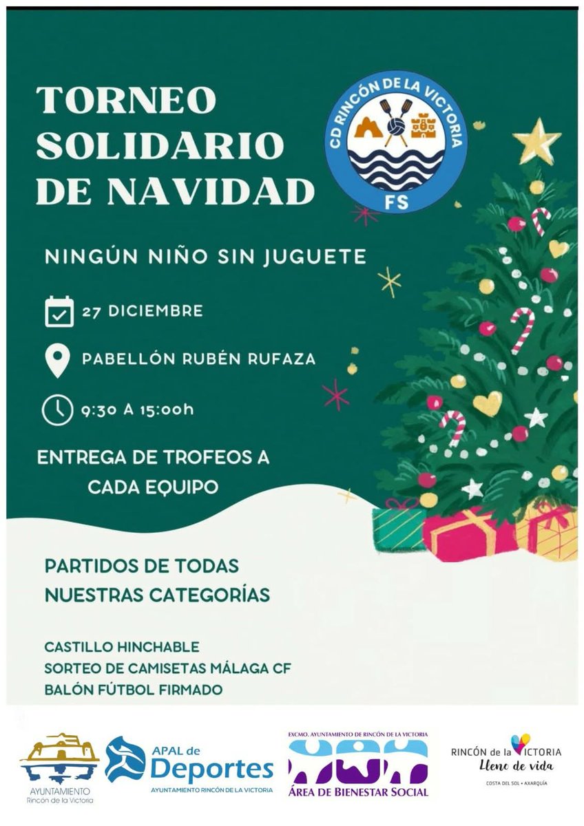 🥅 El próximo 27 de diciembre tenemos una cita con el Torneo Solidario de Navidad #NingúnNiñoSinJuguete en el Pabellón Rubén Ruzafa.

🧸 Se podrá colaborar aportando un juguete en este evento organizado por <a href="/escuelarinconfs/">Escuela Municipal Rincón De la Victoria F. S.</a> y APAL de Deportes.

¡Os esperamos! ❤️

#RincónEsDeporte