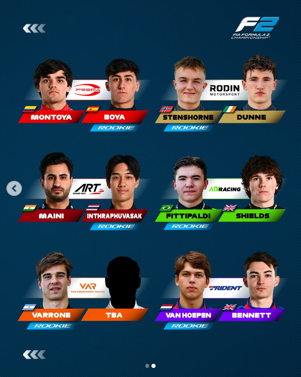 millerhc's tweet photo. La #F2 presenta las alineaciones de los 11 equipos para la temporada 2026.

El colombiano @sebasmontoya58 estrenará compañero, el novato español José María "Mari" Boya, quien llega de ser tercero en la #F3.

Sólo queda una plaza por anunciarse en el equipo VAR https://t.co/rrqhY9wQGx
