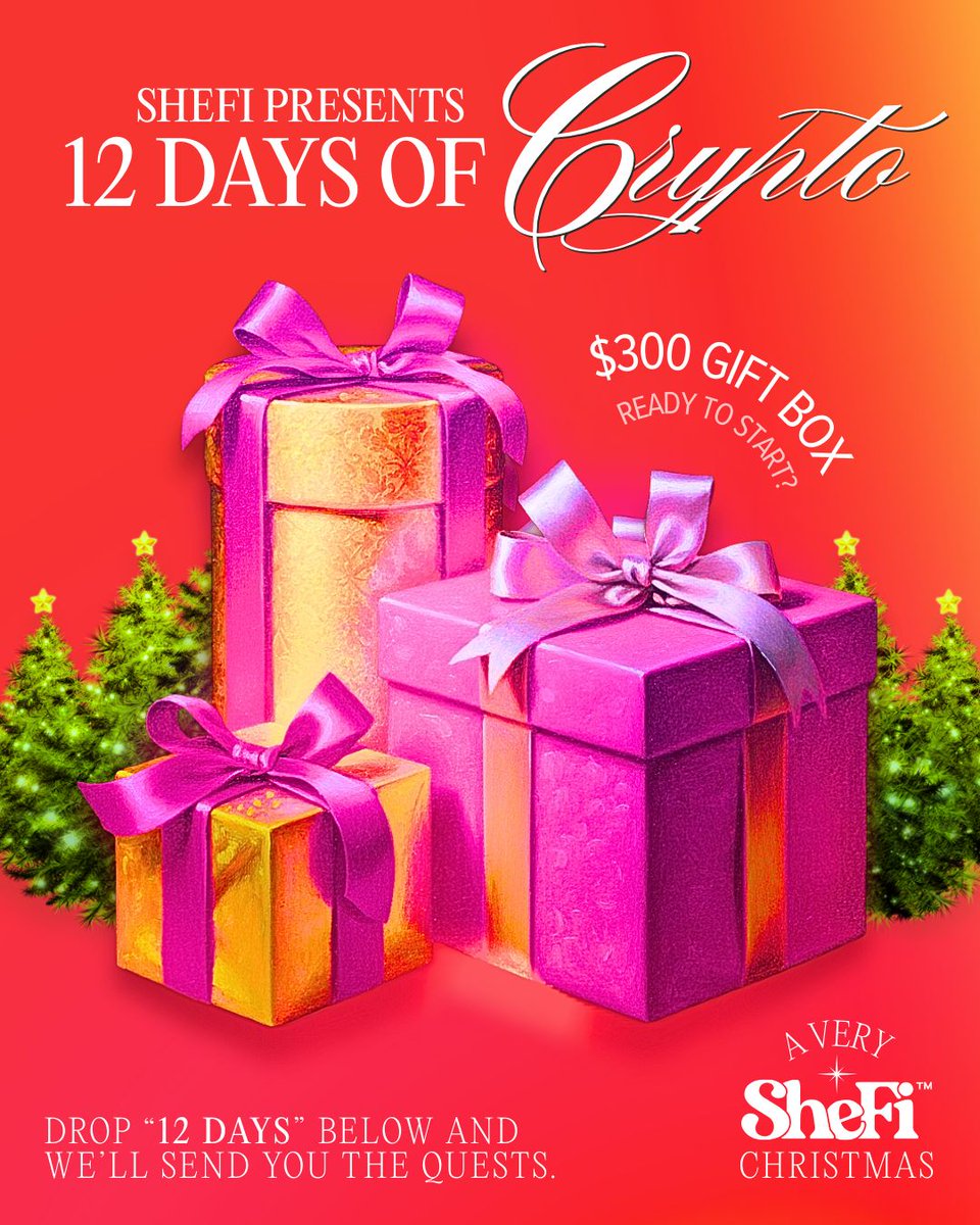 SHEFI PRESENTS: 12 DAYS OF CRYPTO 🎄   

A free, hand-picked luxury $300 gift box… for doing 12 little onchain quests. 🎁⛓️👇 

Rules:
✅Like, retweet and tag a friend
✅Comment "12 Days"
✅Each quest completed = 1 raffle entry
✅Complete all 12 = 12 entries
🎄1 winner gets a