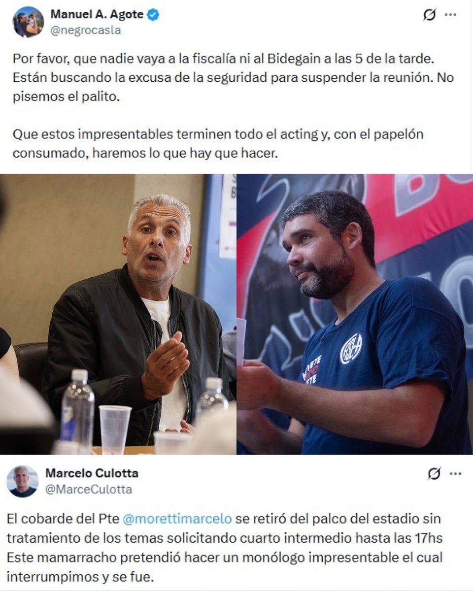 Marcelo Moretti se retiró de la reunión solicitando un cuarto intermedio SIN TRATAR la orden del día. A las 17hs se vuelve a la reunión y Agote solicita que no se hagan presentes los hinchas porque es caer en el juego del actual presidente.

ℹ️ Manuel Agote y Marcelo Culotta en X