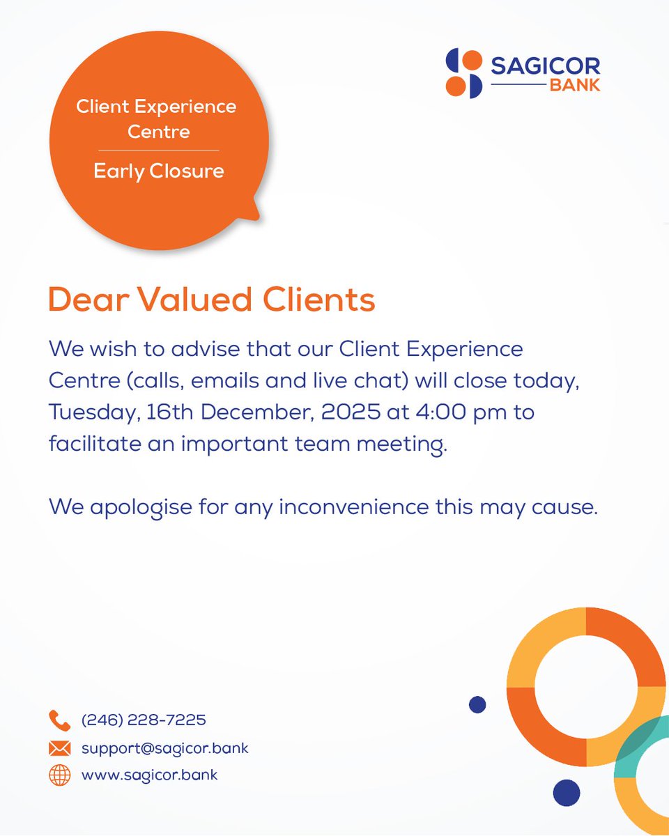 Dear Valued Clients

We wish to advise that our Client Experience Centre (calls, emails and live chat) will close today, Tuesday, 16 December, 2025 at 4:00 pm to facilitate an important team meeting.

We apologise for any inconvenience this may cause.